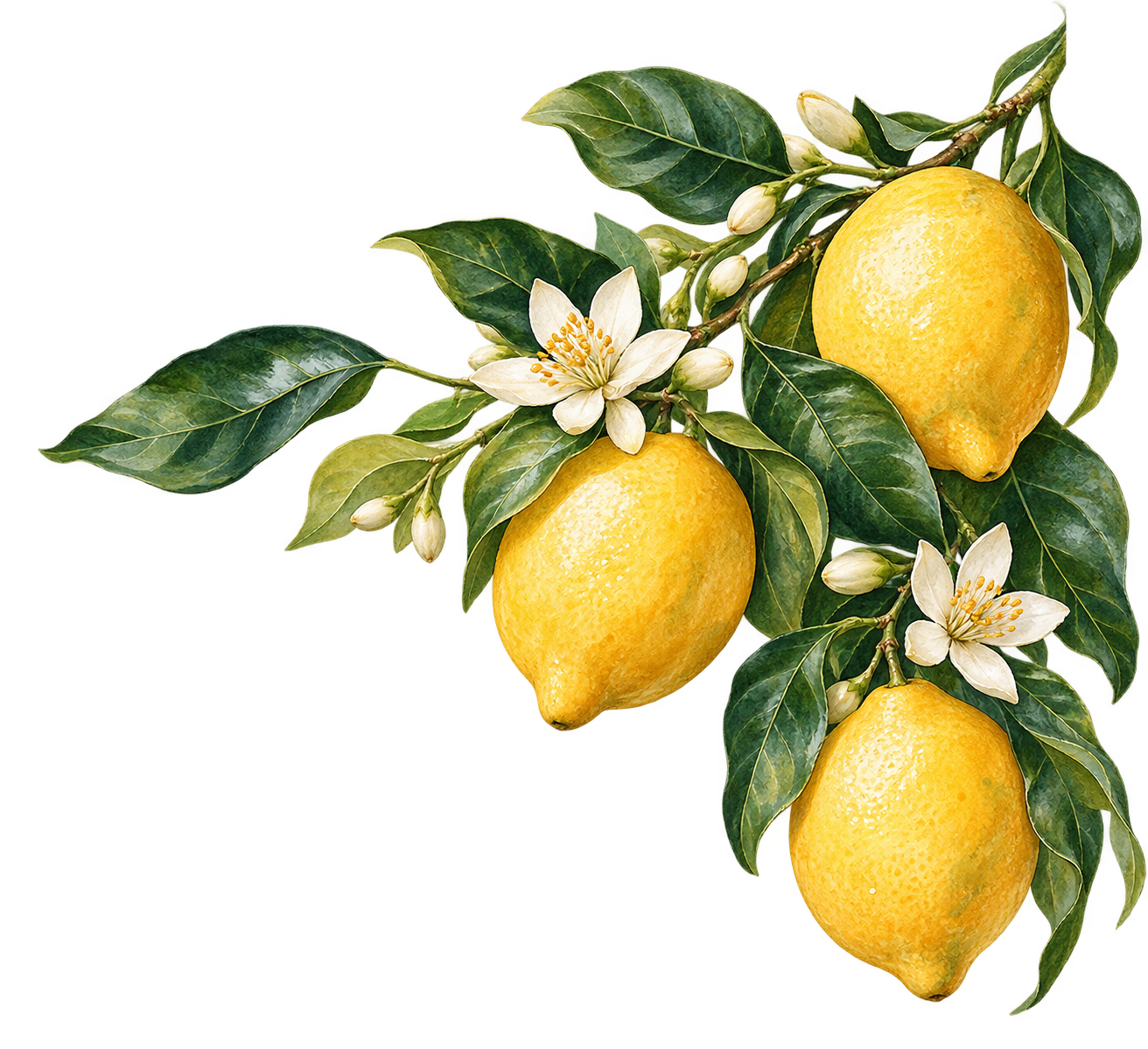 Watercolor lemons, leaves, and citrus blossoms